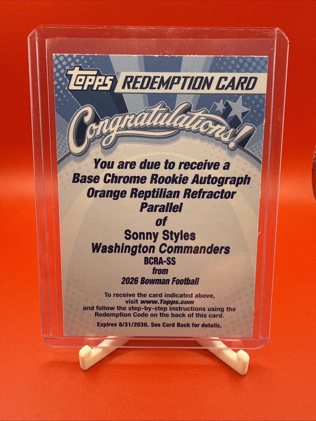 2026 Bowman BCRA-SS Sonny Styles RC Orange Reptilian Refractor Auto Redemption